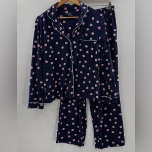 Kate Spade Navy Blue with Pink Polka Dots Pajama Set Long Sleeve Comfy Size Med